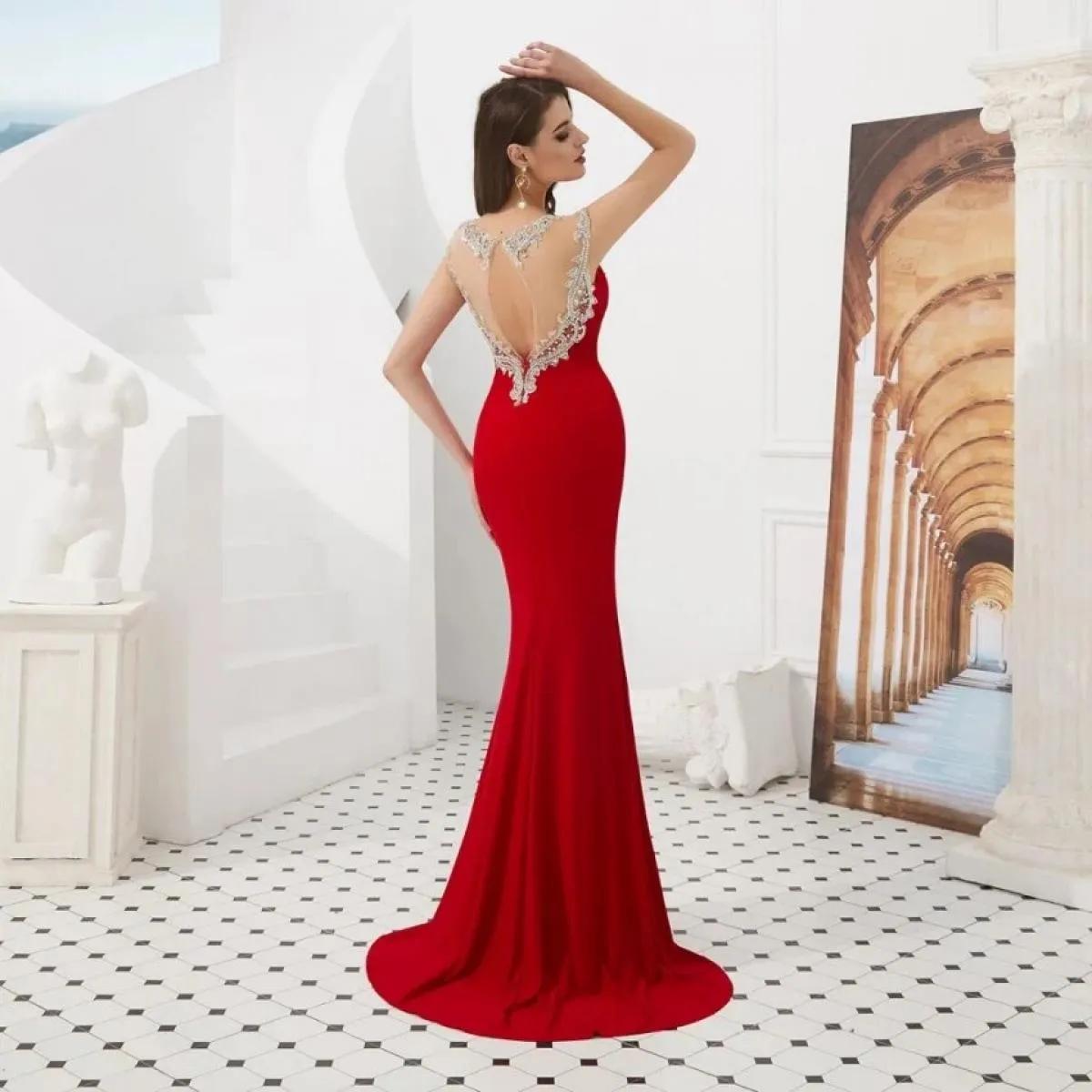 Abiti da sera rossi trasparenti aperti sul retro sirena abiti da cerimonia formale da ballo Abendkleider Vestidos De Fiesta De N