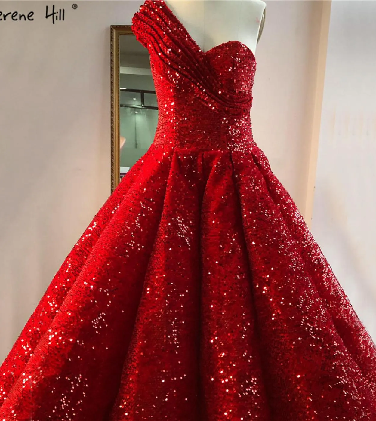 Abiti da sposa rossi di lusso con una spalla Abiti da sposa con paillettes di fascia alta Ha2059 Abiti da sposa su misura