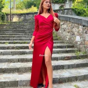 Bowith Abiti da festa da sera a maniche lunghe rossi per le donne Abiti da cerimonia formale con spacchi Abiti da sera Robe De S