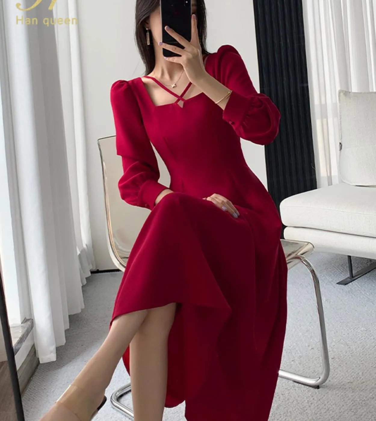 H Han Queen Abiti vintage rossi semplici da donna nuovi Abito da ufficio a maniche lunghe francese a maniche lunghe Elegante cas